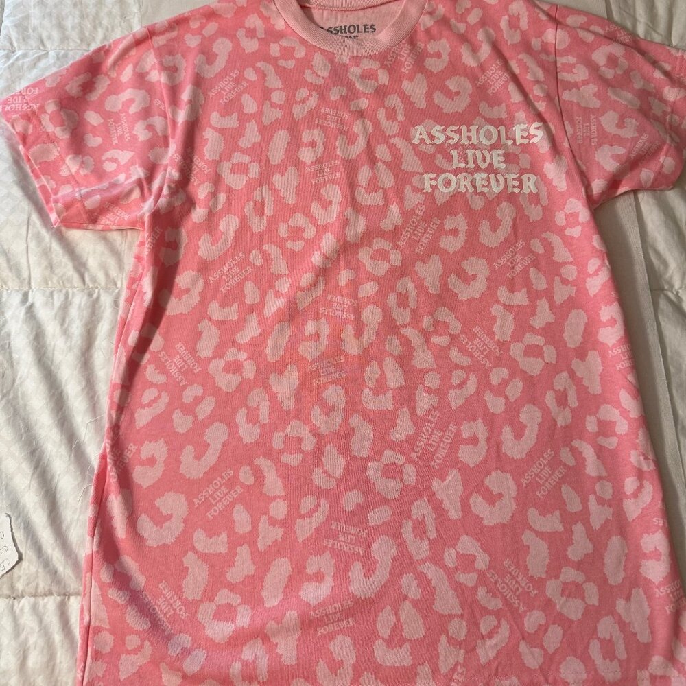 Assholes Live Forever T-shirt, Animal print, Pink/White lettering, Size: M, NWOT